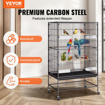 VEVOR 52 Inch Standing Large Bird Cage, Carbon Steel Flight Bird Cage for Parakeets, Cockatiels, Parrots, Macaw with Rolling Stand and Tray