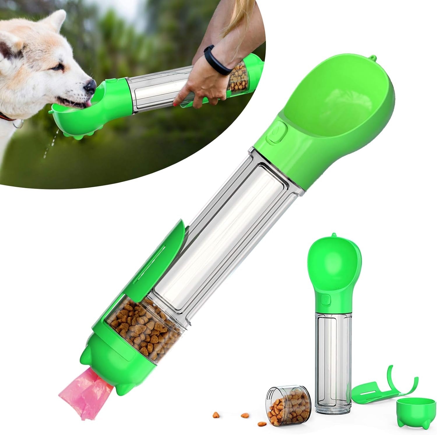 Dog Water Bottle, 4 in 1 Multifunctional Dog Travel Water Bottle with Food Box, Shovel, Garbage Bag, 500Ml (Green-Dog Water Bottle-500Ml)