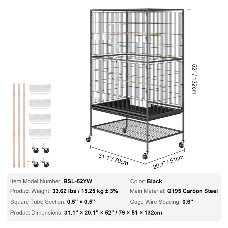 VEVOR 52 Inch Standing Large Bird Cage, Carbon Steel Flight Bird Cage for Parakeets, Cockatiels, Parrots, Macaw with Rolling Stand and Tray