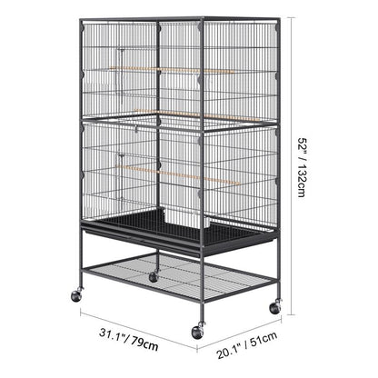 VEVOR 52 Inch Standing Large Bird Cage, Carbon Steel Flight Bird Cage for Parakeets, Cockatiels, Parrots, Macaw with Rolling Stand and Tray