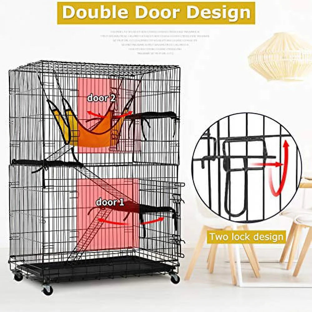 Cat Crate & Dog Kennel, 48", 3 Beds, 2 Doors, Ramp, Perches & Hammock