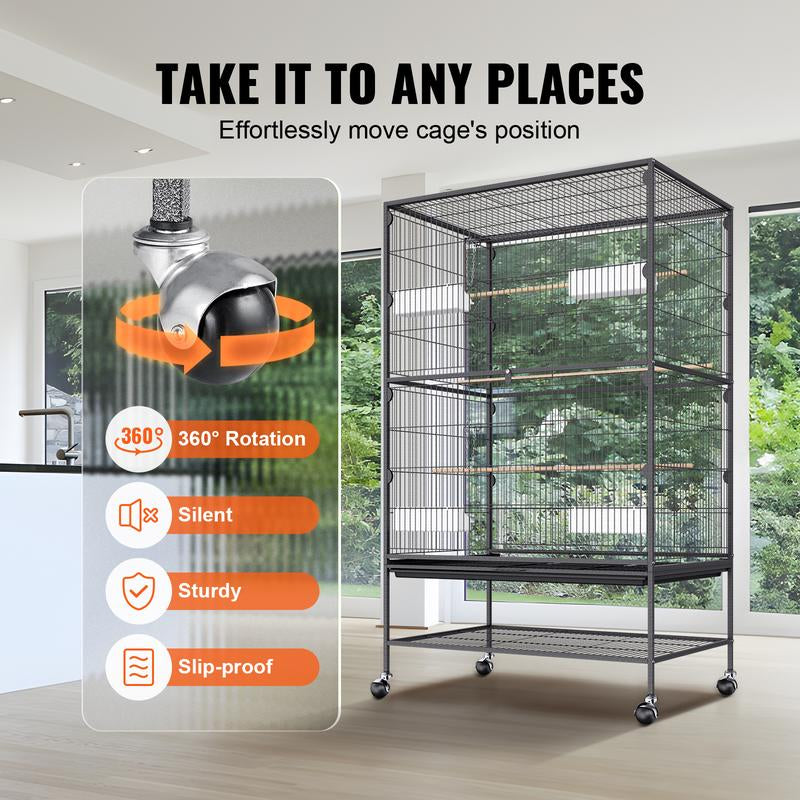 VEVOR 52 Inch Standing Large Bird Cage, Carbon Steel Flight Bird Cage for Parakeets, Cockatiels, Parrots, Macaw with Rolling Stand and Tray